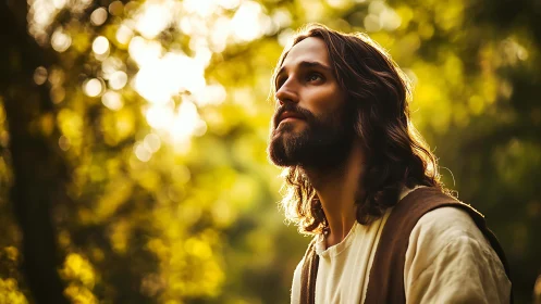 Bearded man gazes upward in golden forest light contemplatively.