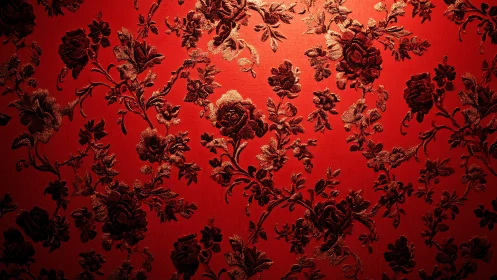 Red fabric surface with dense dark floral damask pattern.