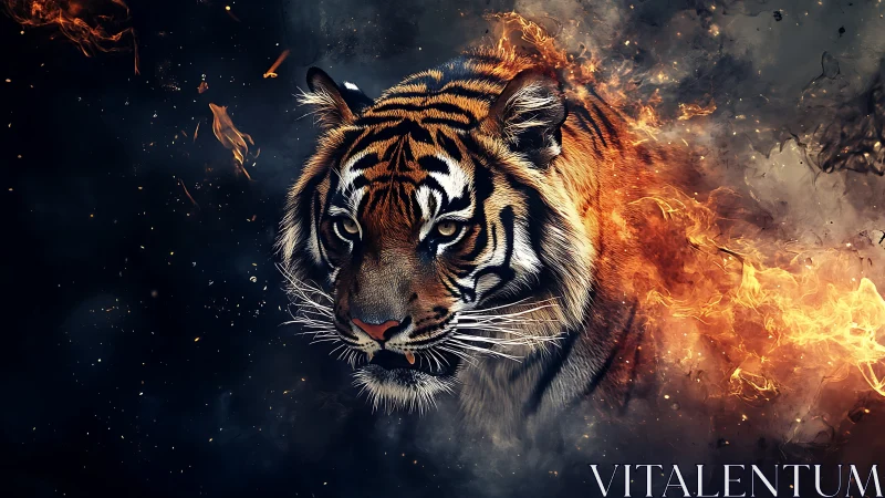 Tiger head emerges through swirling fire and smoke storm.