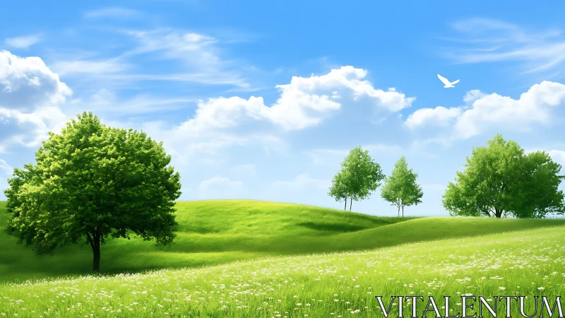 Sunlit green hills with solitary trees under vivid sky.