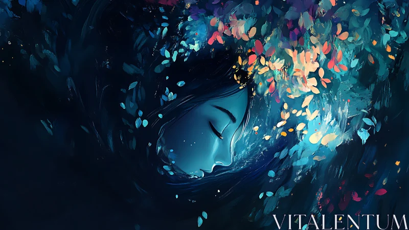 Dreamlike female profile dissolves into swirling chromatic petals
