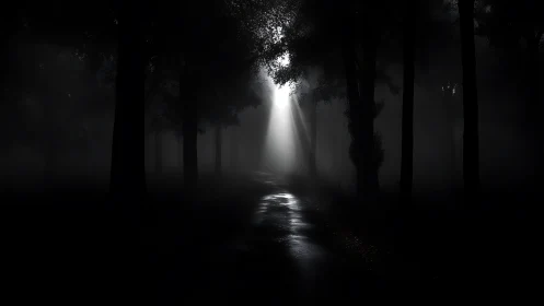 High-contrast forest path with volumetric fog and axial light beam