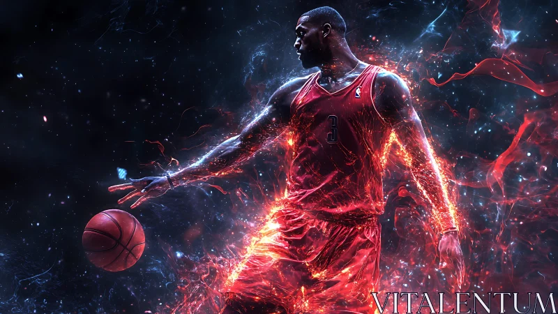 Electrified basketball player dribbling through cosmic plasma field