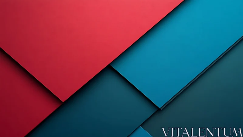 Diagonal red and teal geometric panels create layered depth