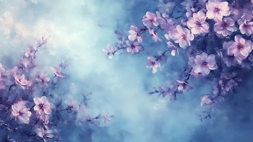 Dreamy Purple Blossoms Floating in Soft Blue Light.