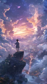 Child on skyward cliff over luminous twilight cityscape.