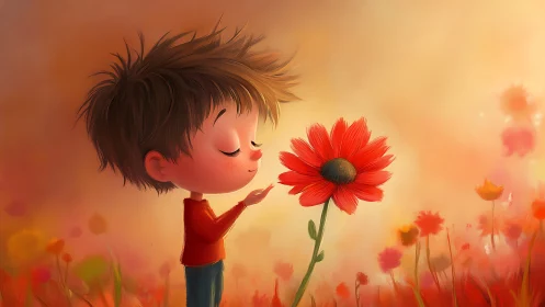 Soft backlit child profile studies oversized red flower in field