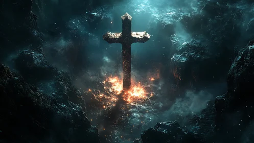 Lone stone cross rises from glowing embers in abyssal mist.
