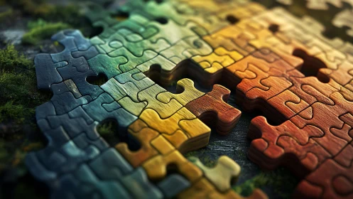 Color graded wooden jigsaw puzzle pieces in closeup focus.