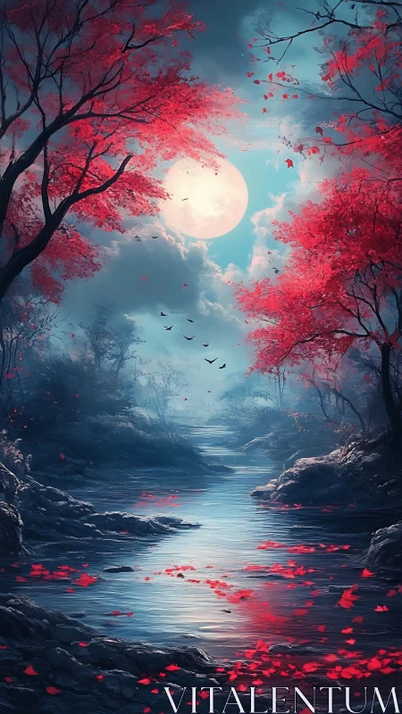 Full moon illuminates crimson forest river at twilight