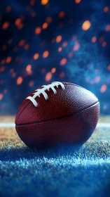 Lone football rests on glowing turf amid stadium night haze