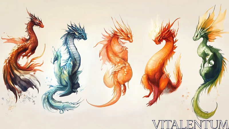 Elemental dragon quintet swirling in luminous watercolor glory.