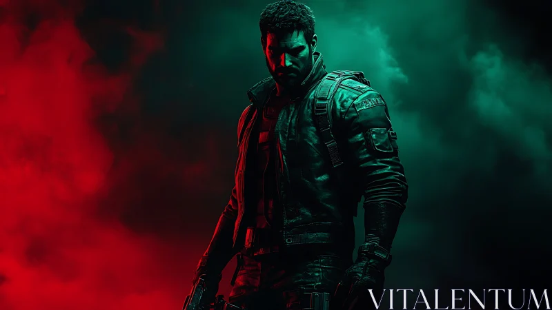 Armored soldier in red and green cinematic backlighting.