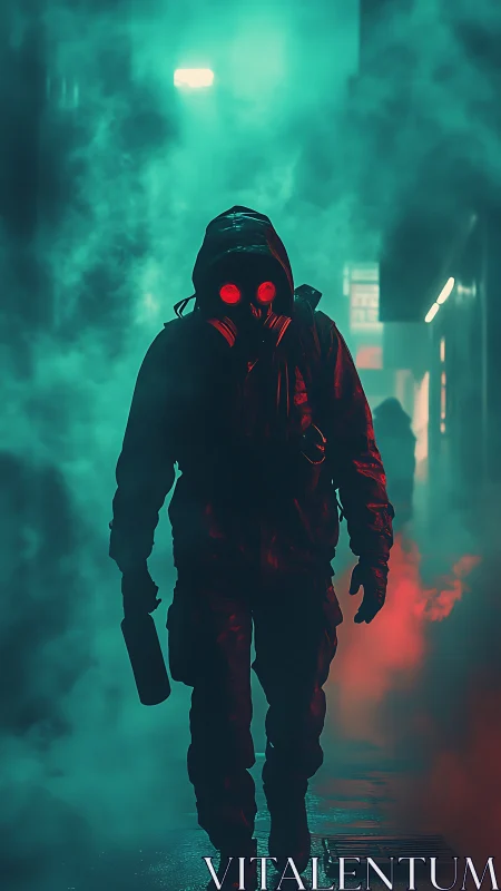 Gas-masked operative advances through bicolor fog with cinematic backlighting