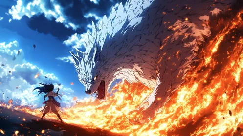 Human figure confronting large flaming wolf-like creature.