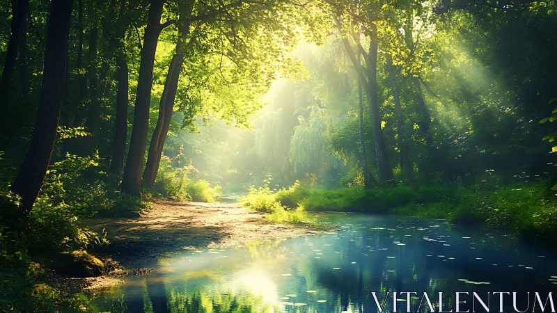 Sunlit forest stream bordered by mature deciduous trees