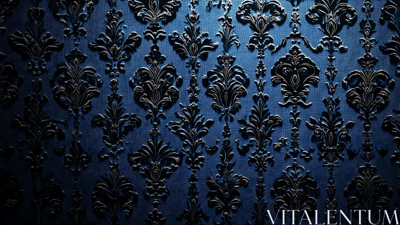 Low key macro of embossed damask wallpaper on blue ground