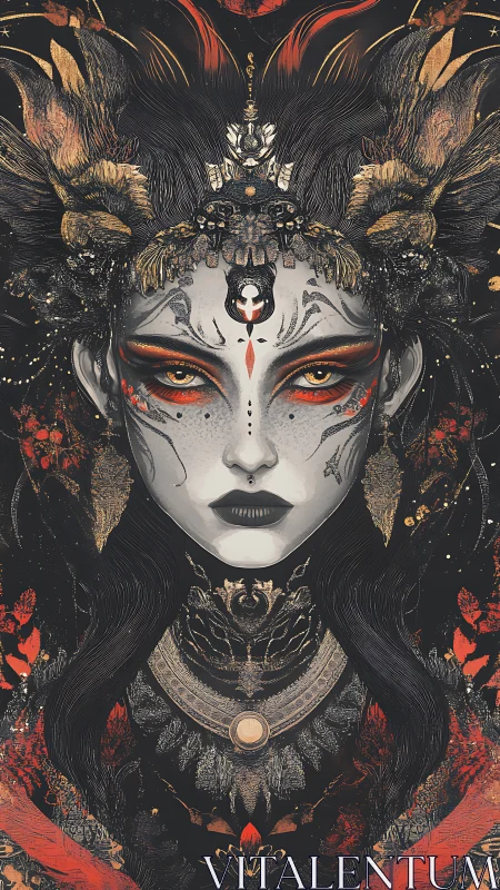 Dark fantasy queen portrait with ornate feathered headdress.