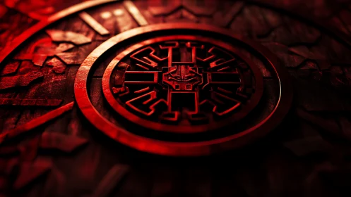Bold red emblem glows with mysterious carved power