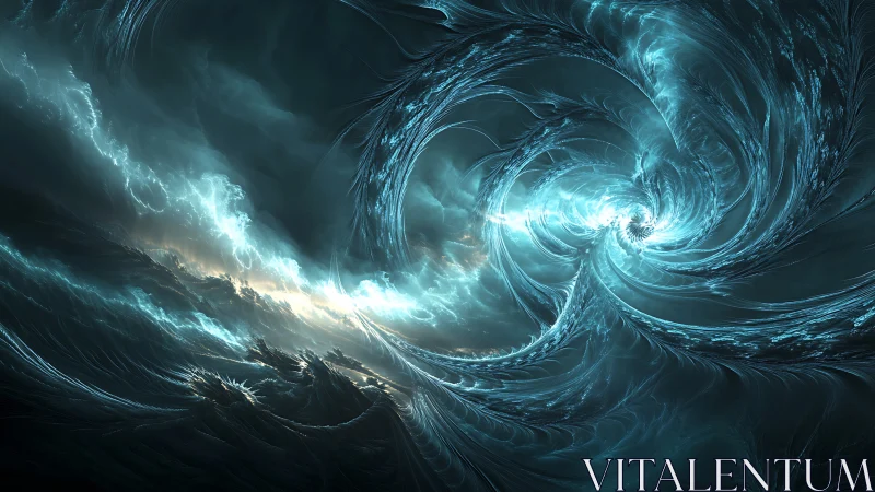 Fractal storm vortex with luminous cyan plasma currents.