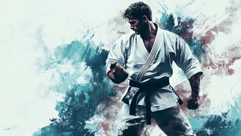 Martial artist in dynamic brushstroke motion study digital rendering.