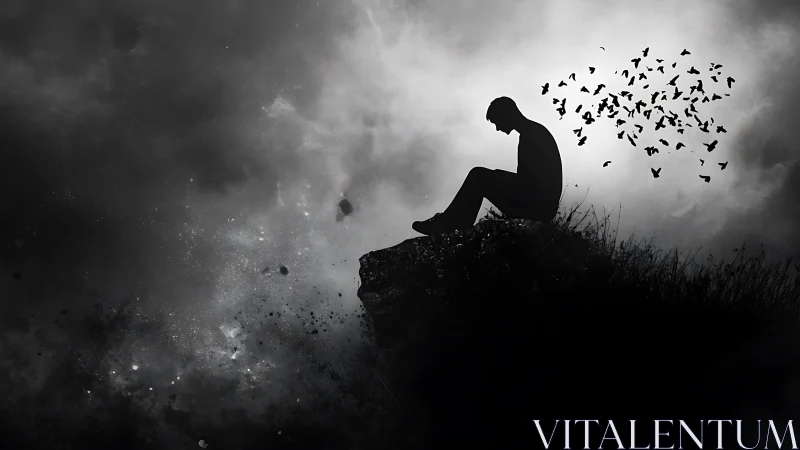 Silhouette on cliff with dissolving birds in stormy void.