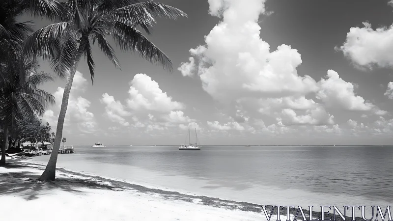 Monochrome tropical shoreline captures calm sea and stratified clouds