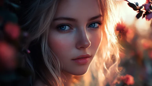 Close female portrait in soft backlight among flowers.