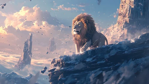 Majestic lion stands on icy cliff in glowing fantasy sky.