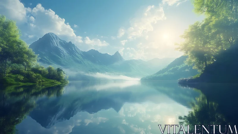 Sunlit alpine lake mirrored beneath misty blue peaks.