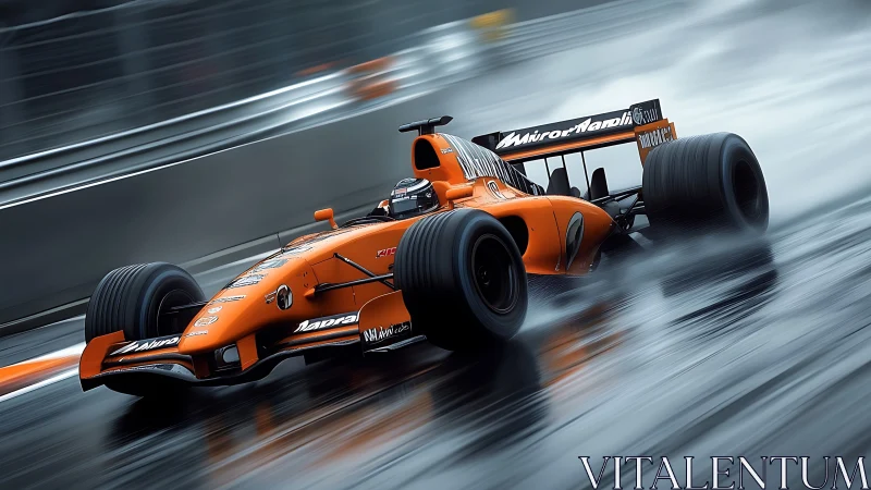 Orange Formula race car slices through wet track in motion