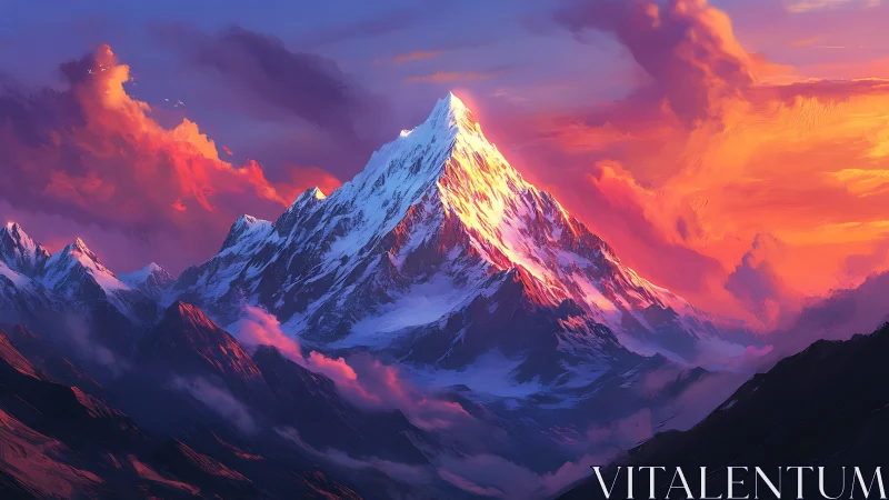 Snow peak mountain under vivid orange sunset sky.