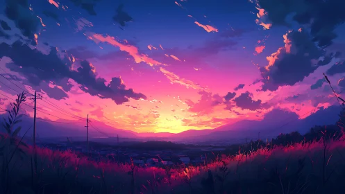 Chromatic twilight over semiurban valley with silhouetted flora.