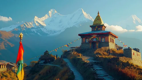 Mountain temple overlooks sunlit Himalayan snow peaks