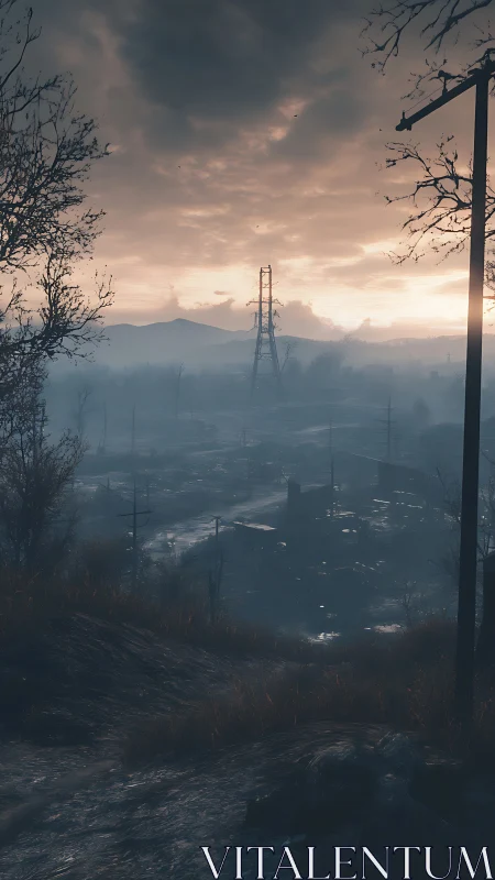 Post-apocalyptic valley at dusk with misty powerlines.