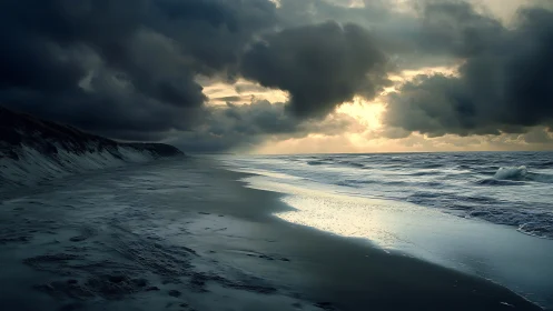 Stormy shoreline glows gently under a moody evening sky