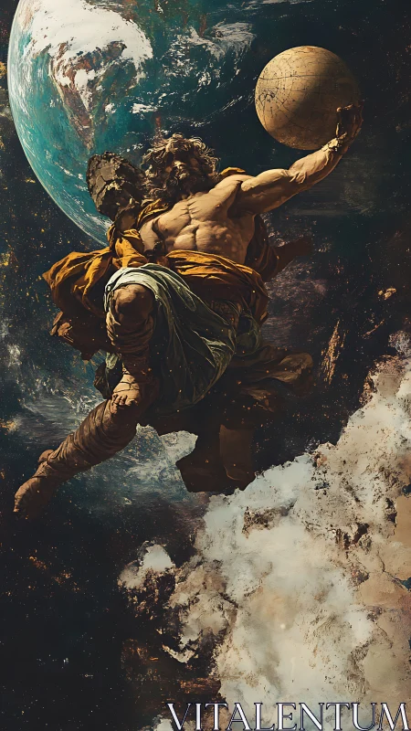Mythic titan holding celestial sphere above swirling Earth.