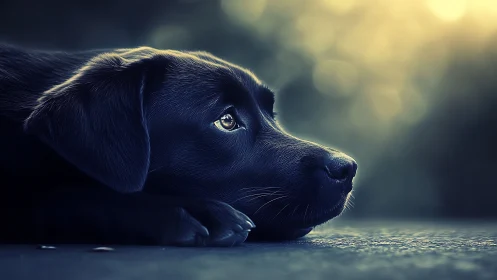Side profile of black dog resting on surface outdoors.