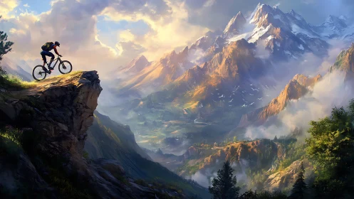 Mountain biker poised on cliff edge above vast alpine valley
