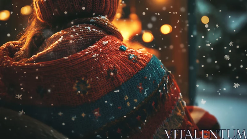 Person in knit sweater sits near window with falling snow