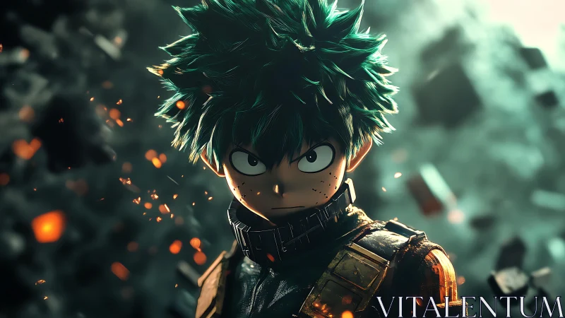 Determined green haired hero stands in swirling embers.