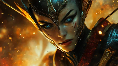 Intense female warrior with glowing eyes in battle fire