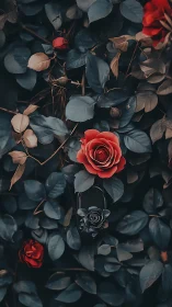 Red roses with silvered foliage arranged in moody botanical composition.