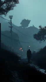 Lone soldier advances toward misty cliffside fortress at dusk.