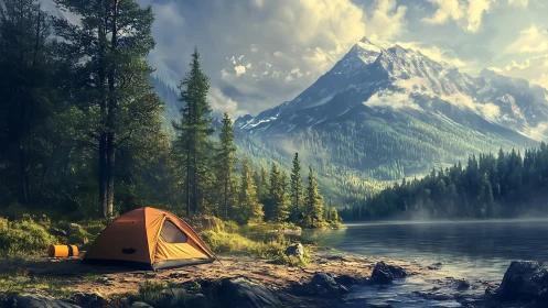 Mountain lake campsite under dramatic morning light.