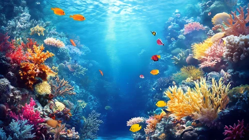 Coral reef scene with diverse fish in clear blue water.