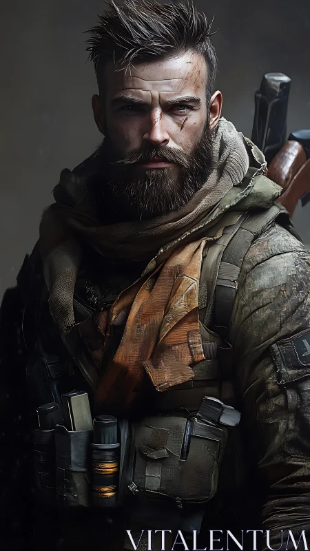 Post-apocalyptic tactical scout portrait with gear-loaded rig