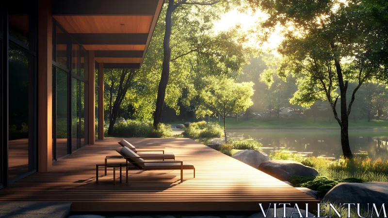 Modern lakeside deck with lounge chairs in golden hour light