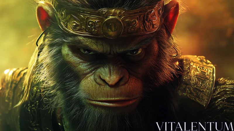 Golden-crowned warrior monkey rendered in cinematic light.