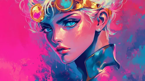 Neon-haired pilot portrait in vivid cyan and magenta palette.